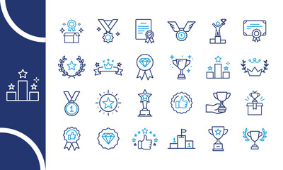 Collection of modern outline icons representing achievement success victory and recognition with trophies medals awards and podiums on a blue background