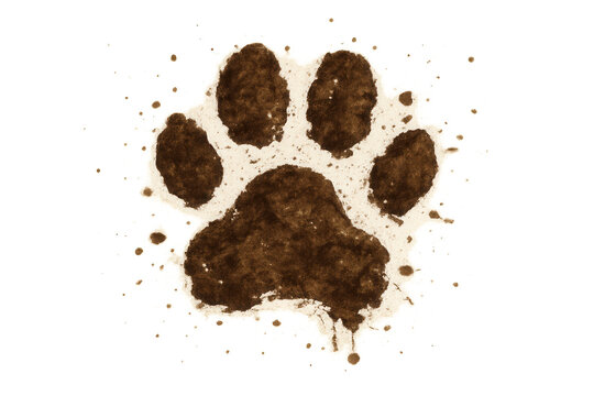 Dog paw print made of mud or dirt, brown animal footprint with texture and splash on transparent background