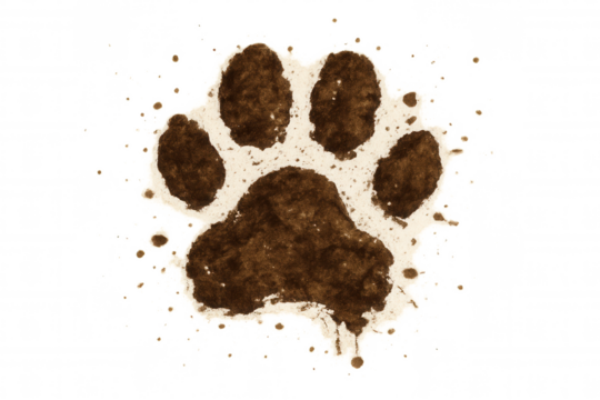 Dog paw print made of mud or dirt, brown animal footprint with texture and splash on transparent background