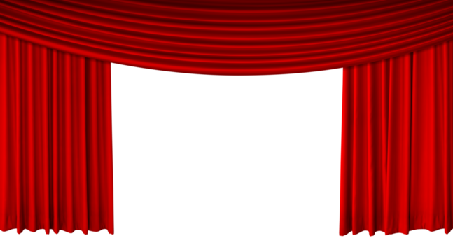 Red stage curtain opens, the top edge is long and separated, velvet curtain for movie, concert or theater scenes.PNG transparent. - Powered by Adobe