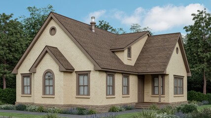 Discover charming architecture of a single family home with brown roof and beige exterior design today online now