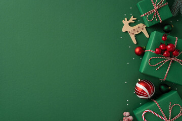Green holiday scene featuring wrapped gifts, wooden reindeer, and red and white accents, capturing...