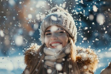 A young woman joyfully smiles as snowflakes gently fall around her in a winter wonderland setting amid a forest backdrop