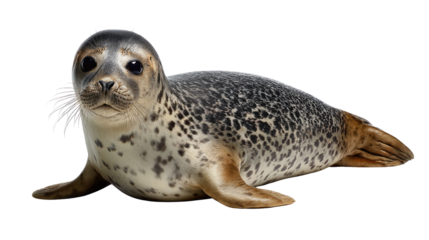 Harbor Seal's captivating gaze:  A juvenile harbor seal, with its spotted coat and endearing eyes, exudes charm against a simple backdrop, capturing the essence of the ocean's grace.