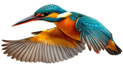 Kingfisher in Flight: A vibrant kingfisher with striking plumage soars through the air, its wings outstretched in a display of graceful flight. A stunning moment.