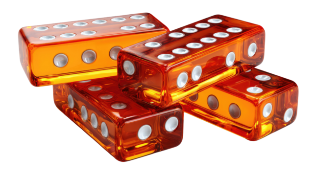 Dice of Chance: An inviting collection of four translucent dice, each a symbol of unpredictable fate. The vivid orange hue hints at the thrill of the game.