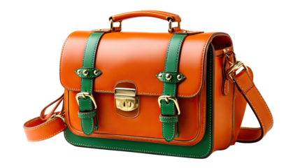 Stylish Leather Messenger Bag: A close-up shot reveals a detailed view of a stylish leather messenger bag, showcasing its quality craftsmanship, vibrant orange and green hues, and functional design.