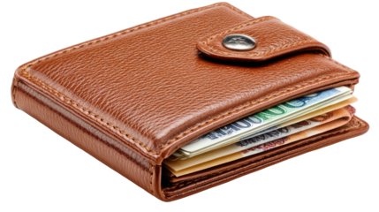 Leather Wallet with Money: A classic brown leather wallet, brimming with cash, sits invitingly, symbolizing financial prosperity and wealth. 