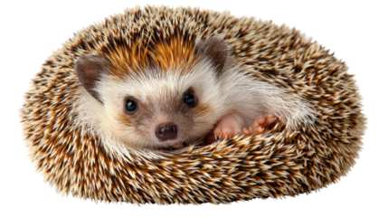 Hedgehog in Curled Posture: A charming hedgehog curls up, presenting a display of quills while its tiny eyes capture the charm. This adorable creature represents tranquility in the natural world.