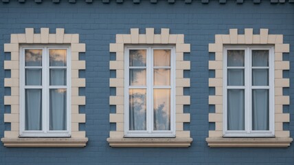 Three windows on blue brick building exterior architecture design and home improvement window replacement project ideas