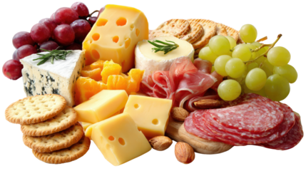 Exquisite Culinary Delight: A delectable assortment of gourmet cheeses, fresh grapes, savory crackers, and artisanal cured meats come together in an elegant display. 
