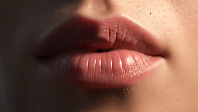 Close-up of a woman's lips with pink lipstick and subtle shine against a softly lit face with a shallow depth of field, conveying a sense of intimacy and glamour.