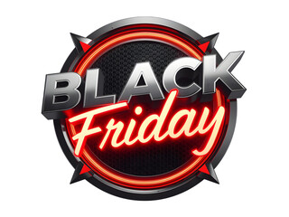 Black friday sale emblem with metallic text and neon glow, isolated on transparent background
