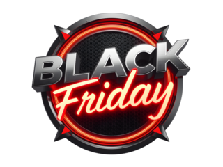 Black friday sale emblem with metallic text and neon glow, isolated on transparent background