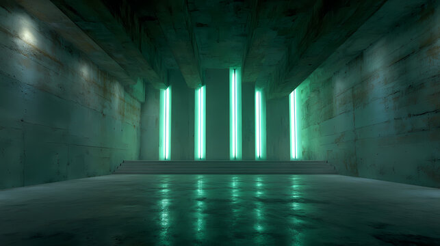 A stark concrete room with vertical lights, creating a sense of mystery and ambiance. The lights emanate a cool, verdant glow