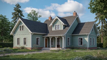 Beautiful home exterior design with green siding and dark roof for real estate and architecture lovers