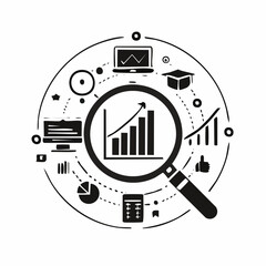 Obraz premium Data Analytics Icons with Charts Graphs and Magnifying Glass for Research Keywords: data, analytics, chart