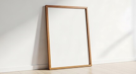 Blank Wooden Frame Leaning on White Wall with Hardwood Floor
