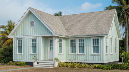 Light green beach house architecture coastal home design with blue sky and palm trees real estate photography