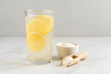 Glass of lemon water and collagen powder symbolizes a refreshing morning skincare routine.