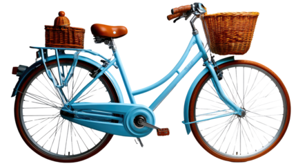 Vintage Bicycle: A charming vintage bicycle stands with its wicker baskets, ready for a leisurely ride. The blue frame and elegant design exude a sense of nostalgia.