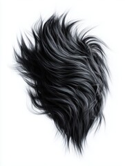 Fluffy black fur organic shape isolated on white background. Realistic soft faux fur texture with long flowing strands and natural volume for modern abstract design.
