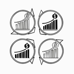 Four line art icons showing financial growth charts with upward arrows and dollar sign graph business