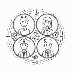 Four line art icons representing team, growth, and startup concepts people group
