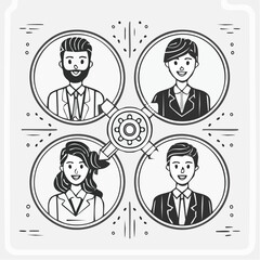 Four line art icons representing team, growth, and startup concepts people group