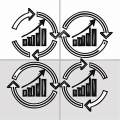 Four line art icons illustrating upward trending business growth charts and arrows graph