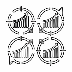 Four line art icons illustrating upward trending business growth charts and arrows graph