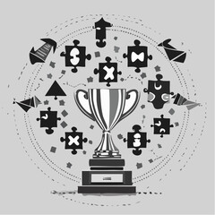 Business success and teamwork icons with trophy and puzzles Keywords: business, success, teamwork, trophy