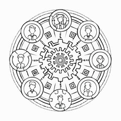 Business and team collaboration icons with gears and ideas in line art Keywords: teamwork, collaboration