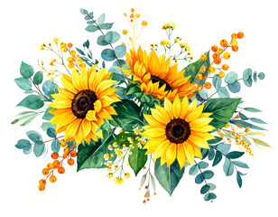 Watercolor floral arrangement of vibrant sunflowers, greenery, and berries