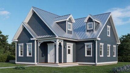 Beautiful grey house with metal roof and white trim architecture design style for real estate listing