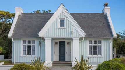 Charming light blue house with white trim and dark roof architecture real estate home design residence property 100
