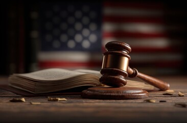 Justice and Law: An open book and a gavel with the backdrop of American Flag. it creates a sense of gravitas and heritage. 