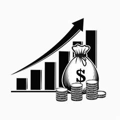 Financial growth with money bag, coins, and upward trending graph finance profit
