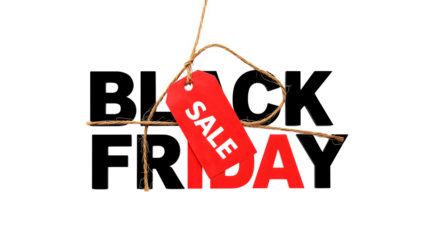 Black friday sale tag hanging on string isolated on transparent background