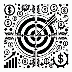 Target and growth icons with arrows and dollar signs on white background dart bullseye