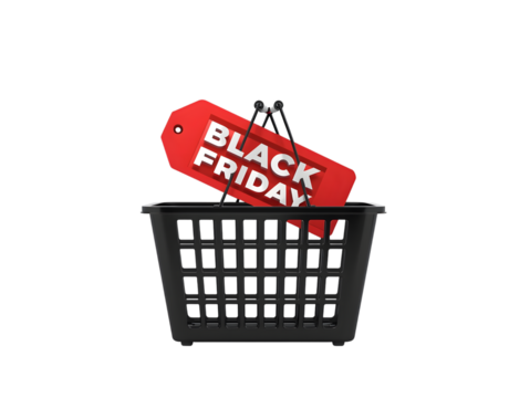 Black friday sale tag in shopping basket isolated on transparent background - Powered by Adobe