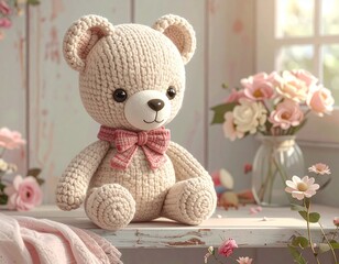 cute knitted or crochet hand made teddy bear on a self in nursery 