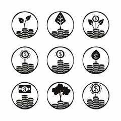 Collection of nine icons depicting money growth and trees investment finance