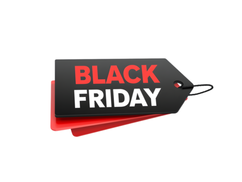 Black friday sale tag with red and white text, isolated on transparent background