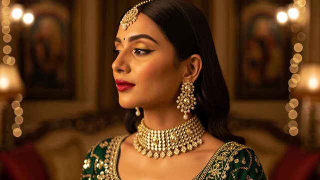young beautiful indian woman wearing gold jewlery 
