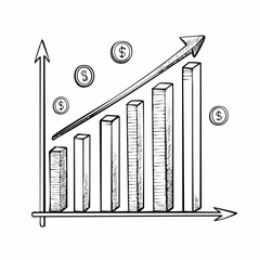 Hand drawn bar graph with upward trending arrow and coin icons Keywords: bar graph, chart, data