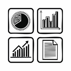 Four icons including bar graphs, sun and document with pie chart Keywords: icons, bar graph, chart, growth