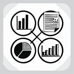 Four icons including bar graphs, sun and document with pie chart Keywords: icons, bar graph, chart, growth