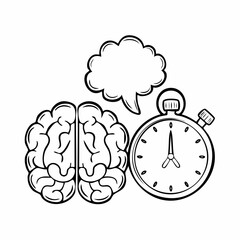 Doodle illustration of a stopwatch, calendar, and brain with a thought bubble Keywords: brain, calendar