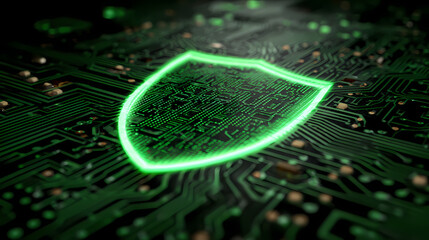 A luminous green shield illuminates amidst the intricate circuits of a computer's motherboard, symbolizing robust digital protection and security